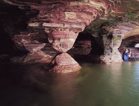 Swallow Point Sea Caves with photographer, Sand Island, Apostle Islands National Lakeshore, WI