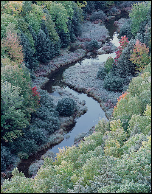 S curve in the Little Carp River surrounded by Fall foliage in the morning, near Lake of the Clouds, Upper Michigan, Fall